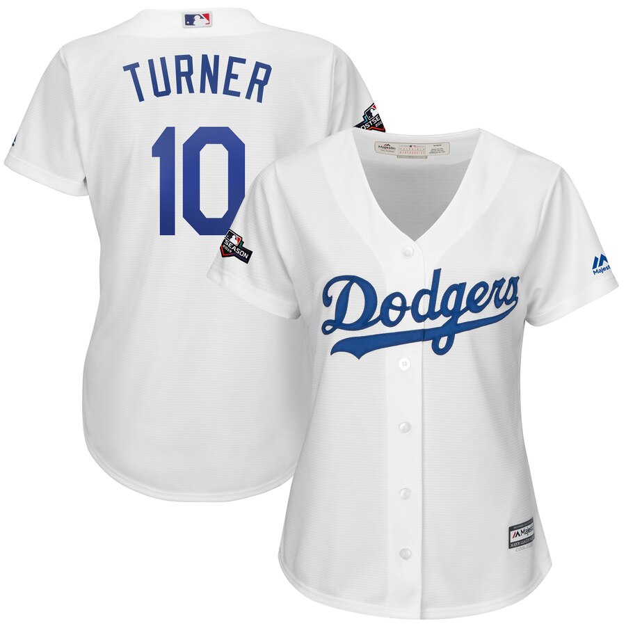 Los Angeles Dodgers #10 Justin Turner Majestic Women's 2019 Postseason Home Official Cool Base Player Jersey White